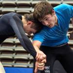 Darrington wrestlers Lucas Reuswaat (left) and Johnny Franke practice Feb. 6 at Darrington High School. (Kevin Clark / The Herald)