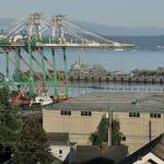 Everett waterfront residents awoke June 11 to find a barge carrying a pair of 200-foot-high cargo cranes tied up at the Port of Everett. The towering cranes visual aesthetic is up to residents and the port commissioners. (Sue Misao / Herald file)