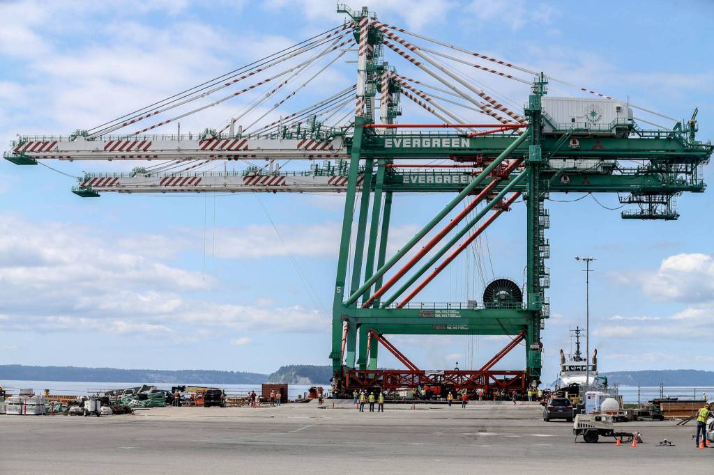The Port of Everett acquired a pair of 215-foot cranes June 14 to move large cargo, including parts for the Boeing 777X. Their height requires that they be painted with FAA-approved markings or have lighting. (Kevin Clark / Herald file)