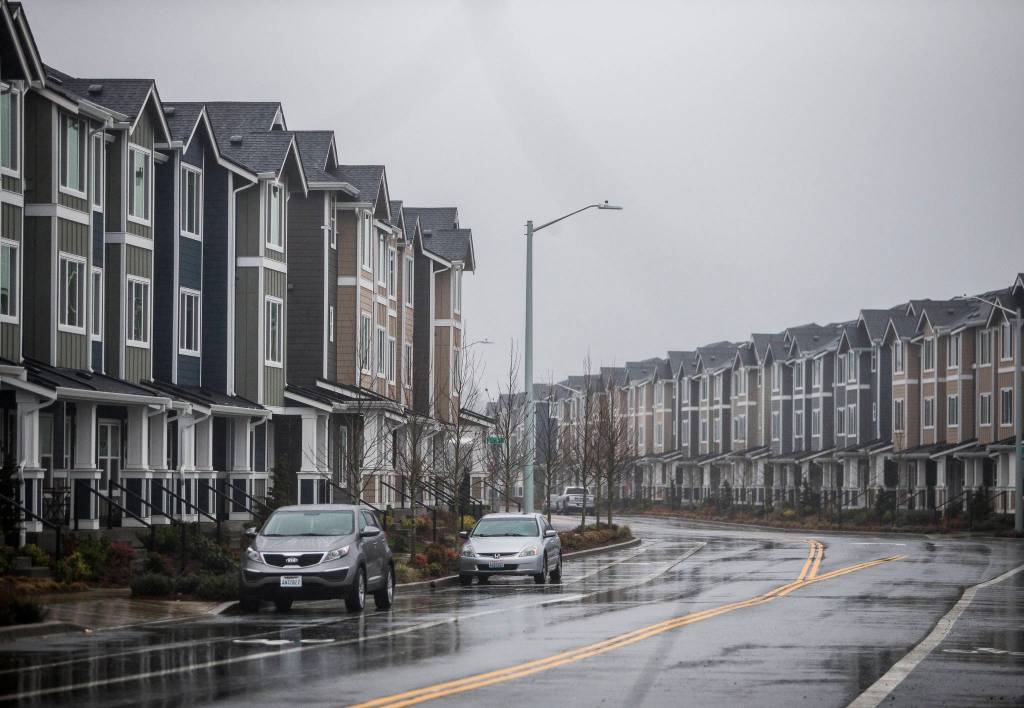 The Towns at Riverfront by Polygon Homes are seen Wednesday in Everett. (Olivia Vanni / The Herald)