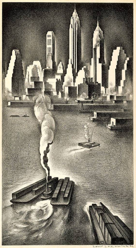 Mural study  Lower Manhattan 1936, by Louis Lozowick (1892-1973).