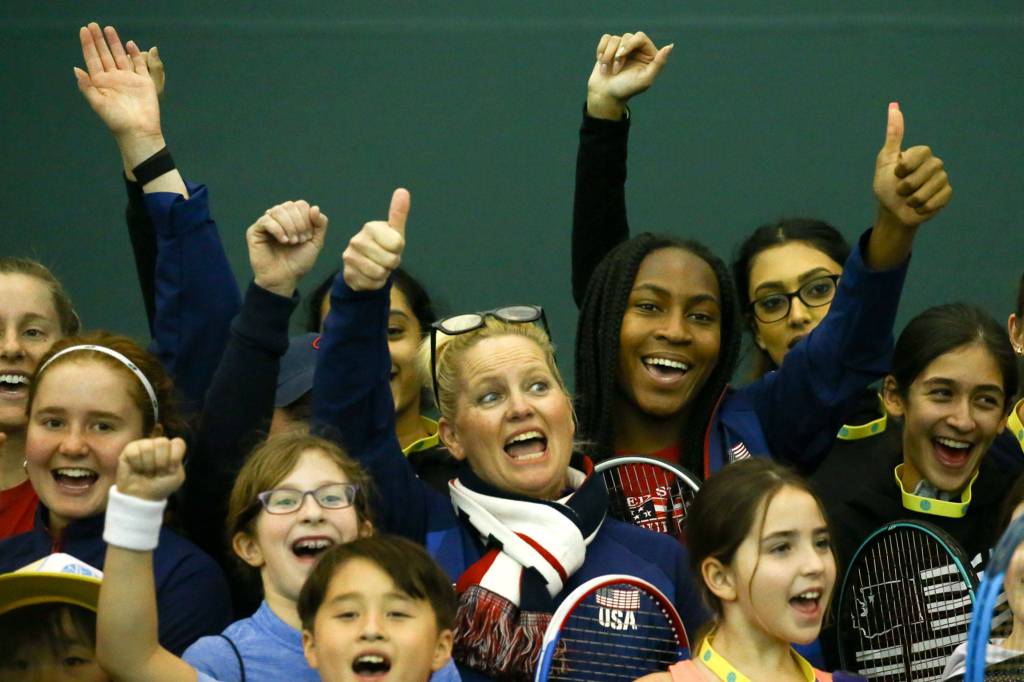 Members of team USA appear during Net Generation Kids Day on Tuesday afternoon at Columbia Athletic Club in Everett. (Kevin Clark / The Herald)