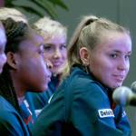 The United States Sofia Kenin answers a question from the press Thursday after the official draw ceremony for the Fed Cup event taking place this weekend at Angel of the Winds Arena in Everett. (Andy Bronson / The Herald)