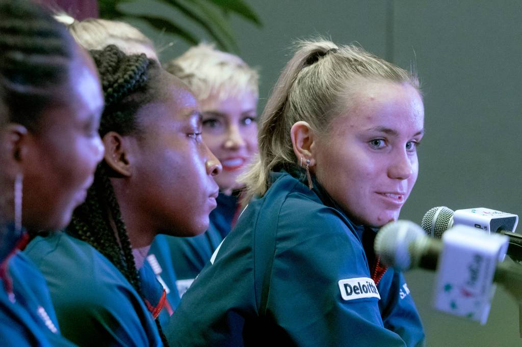The United States Sofia Kenin answers a question from the press Thursday after the official draw ceremony for the Fed Cup event taking place this weekend at Angel of the Winds Arena in Everett. (Andy Bronson / The Herald)
