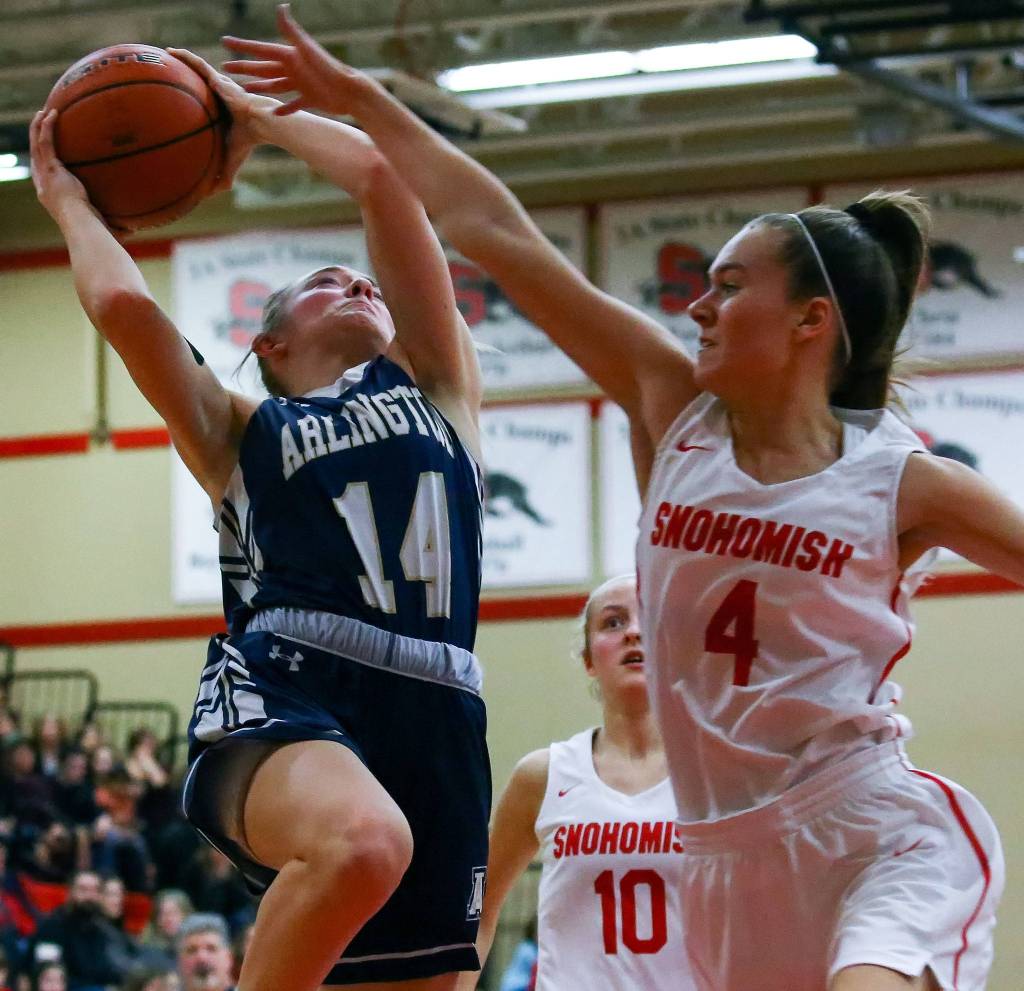 Arlington defeated Snohomish, 46-35, Thursday evening at Snohomish High School in Snohomish on February 6, 2020. (Kevin Clark / The Herald)