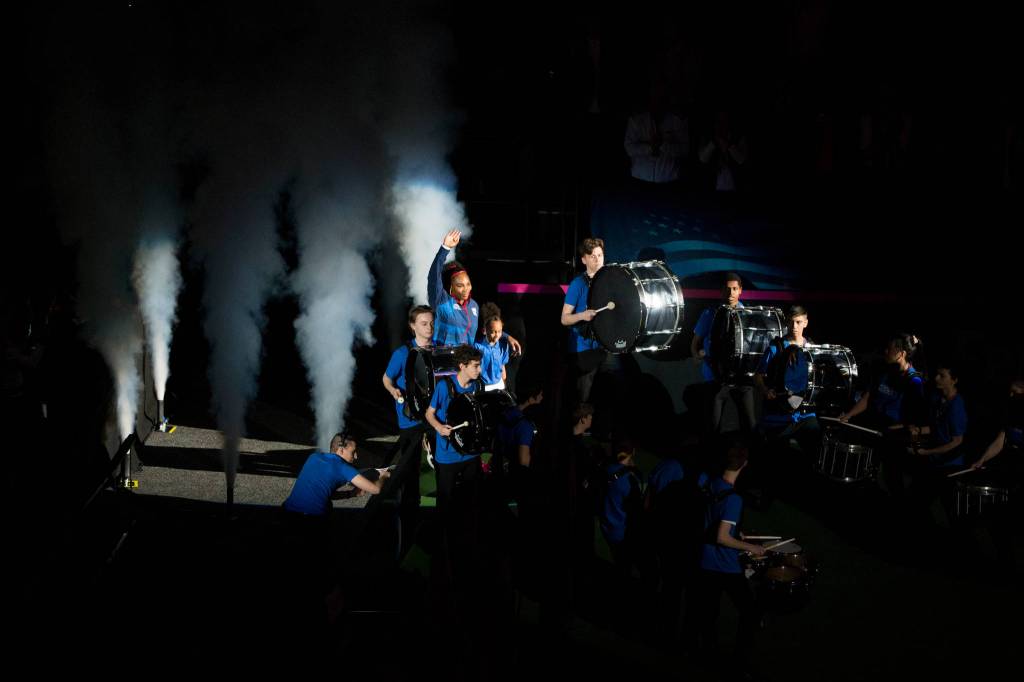 Serena Williams walks into the court during introductions of both teams before the FedCup qualifying rounds at Angel of the Winds Arena on Friday in Everett. (Andy Bronson / The Herald)