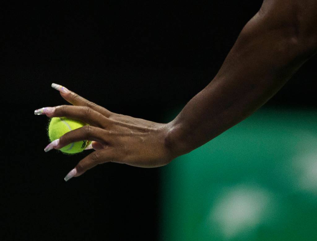 Serena Williams prepares to serve during the Fed Cup at Angel of the Winds Arena on Friday in Everett. (Olivia Vanni / The Herald)