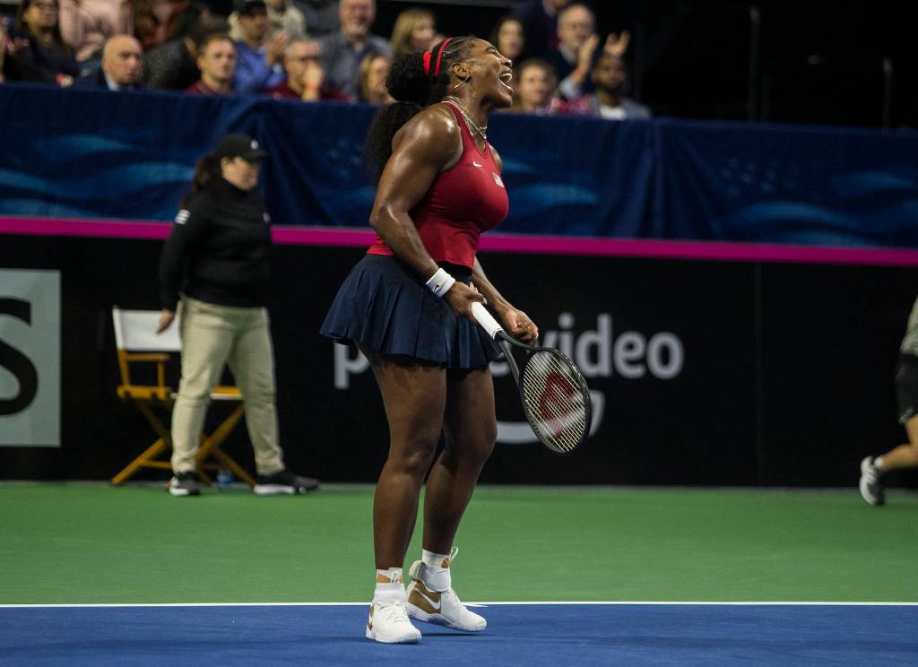 Serena Williams reacts to getting a point during the Fed Cup at Angel of the Winds Arena on Friday in Everett. (Olivia Vanni / The Herald)