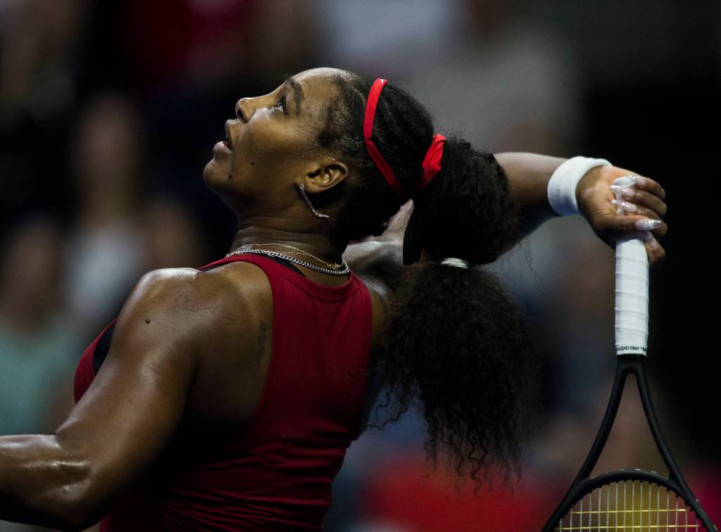 Serena Williams prepares to hit the ball during the Fed Cup at Angel of the Winds Arena on Friday in Everett. (Olivia Vanni / The Herald)