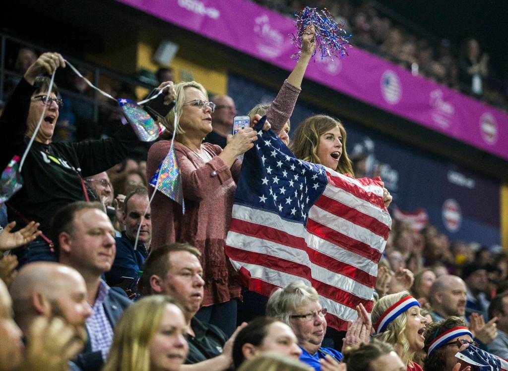 The crowd cheers for Sofia Kenin during the Fed Cup at Angel of the Winds Arena on Friday in Everett. (Olivia Vanni / The Herald)