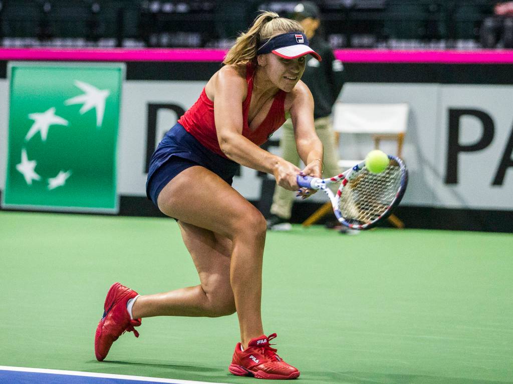 Sofia Kenin hits the ball during the Fed Cup at Angel of the Winds Arena on Friday in Everett. (Olivia Vanni / The Herald)