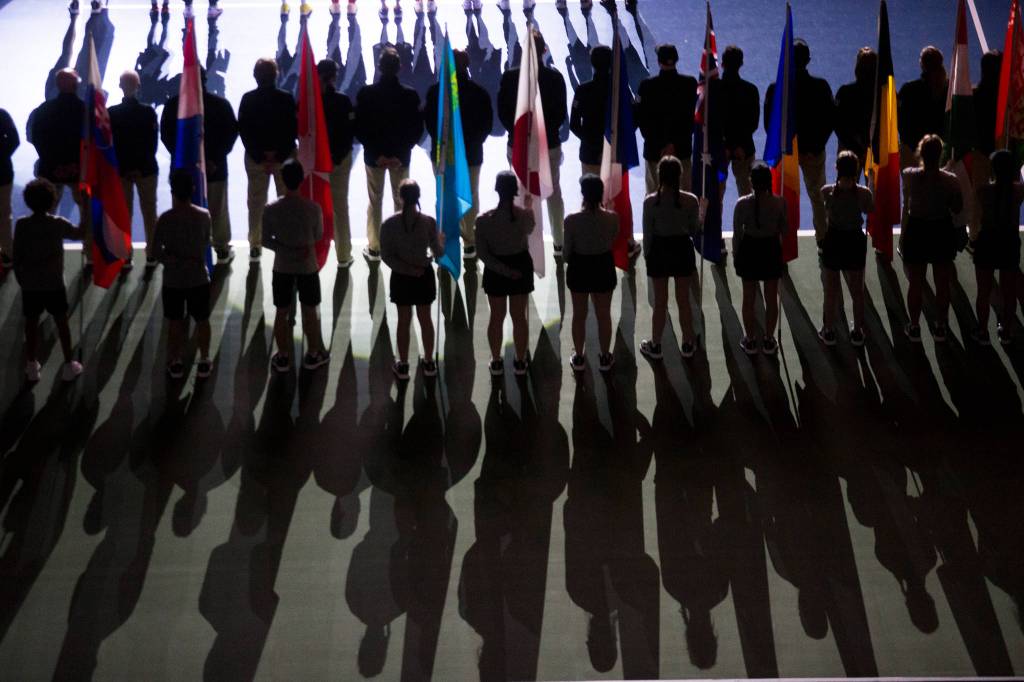 American and Latvian teams are introduced before the FedCup qualifying rounds at Angel of the Winds Arena on Friday in Everett. (Andy Bronson / The Herald)