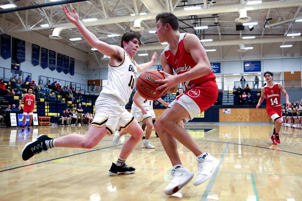 Marysville Pilchuck defeated Everett, 65-35, Friday evening at Everett High School in Everett on February 7, 2020. (Kevin Clark / The Herald)