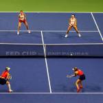 The doubles match to win and advance in FedCup 2020 Saturday evening at Angel of the Winds Arena in Everett on February 8, 2020. (Kevin Clark / The Herald)