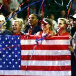 Team USA celebrates the double win to advance in FedCup 2020 Saturday evening at Angel of the Winds Arena in Everett on February 8, 2020. (Kevin Clark / The Herald)