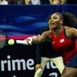 Serena Williams plays a return against Latvias Anastasija Sevastova during a Fed Cup qualifier match Saturday at Angel of the Winds Arena in Everett. (Kevin Clark / The Herald)