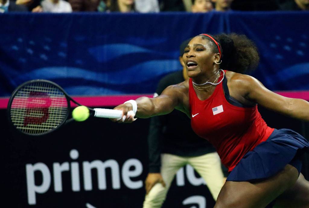 Serena Williams plays a return against Latvias Anastasija Sevastova during a Fed Cup qualifier match Saturday at Angel of the Winds Arena in Everett. (Kevin Clark / The Herald)