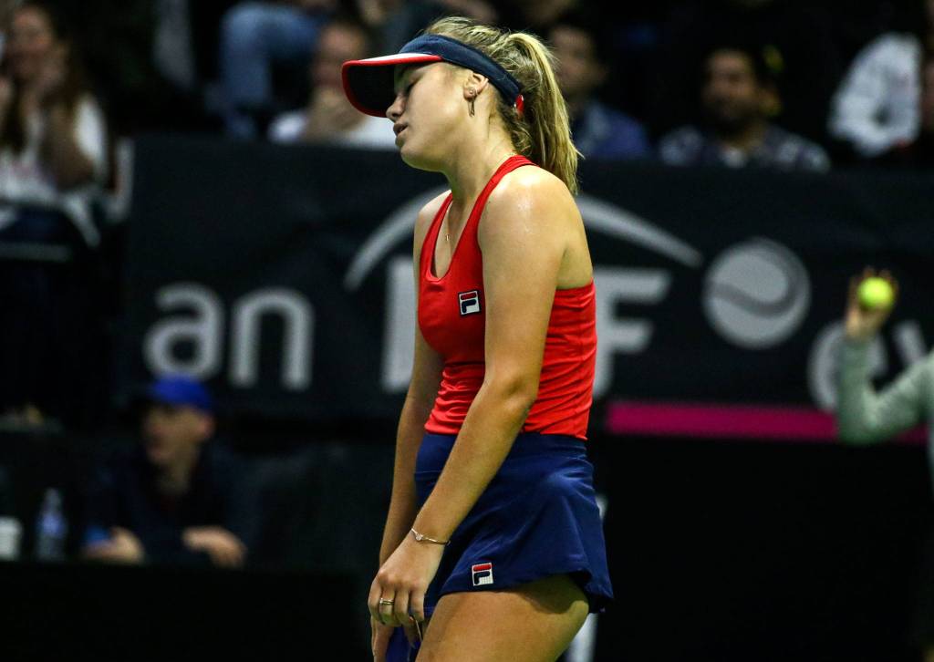 Sofia Kenin slumps her shoulders after losing a challenge during her match against Latvias Jelena Ostapenko during a Fed Cup qualifier on Saturday at Angel of the Winds Arena in Everett.(Kevin Clark / The Herald)