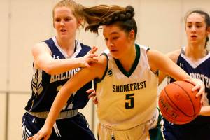 The Shorecrest and Arlington girls basketball teams are tied atop the Wesco 3A/2A standings heading into Monday nights regular-season finales. The Scots hold the head-to-head tiebreaker by virtue of beating the Eagles earlier this season. (Kevin Clark / The Herald)