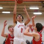 Marysville Pilchucks Ethan Jackson attempts a layup as Marysville Pilchuck beat Stanwood 76-31 in a basketball game Monday, Feb. 10, 2020 in Marysville. (Andy Bronson / The Herald)