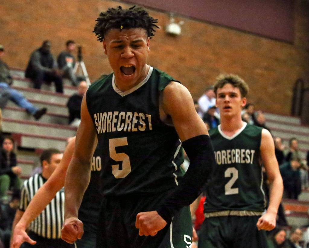 Shorecrests Elijah Johnson celebrates during a game against Mountlake Terrace at Mountlake Terrace High School on January 22, 2019. (Kevin Clark / The Herald)
