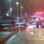 Two cars collided Saturday on Highway 99 near a car dealership north of 204th Street SW., in Lynnwood. One vehicle drove off, and the occupants of the other were hospitalized with unknown injuries. (Lynnwood Police Department)