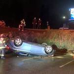 A car ended up on its top in a parking lot Saturday night after hitting something in the 3500 block of 184th Street SW. The driver was treated for unknown injuries at a hospital and arrested for investigation of DUI and hit and run. (Lynnwood Police Department) 20200215