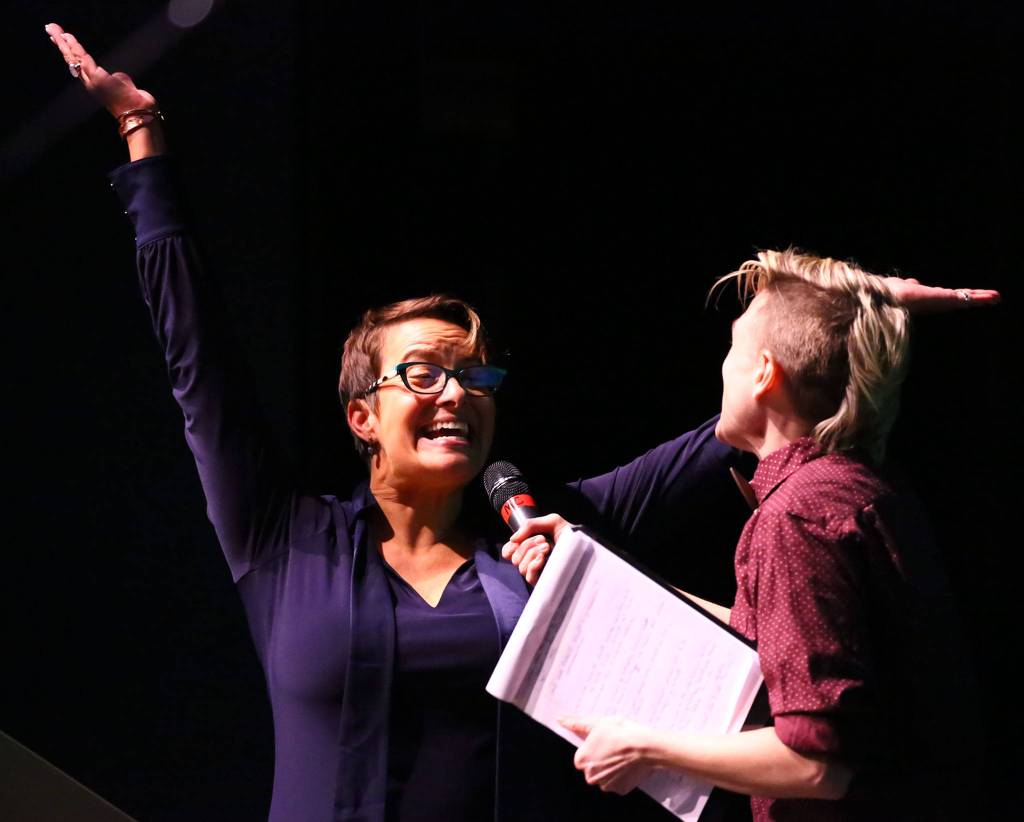 Everett Mayor Cassie Franklin reacts to a question by emcee Britney Barber at the Wendt and Mayors Arts Awards. (Kevin Clark / The Herald)