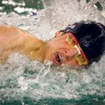 Glacier Peaks Matthew King competes in the 100-yard freestyle during the 4A NW District Swim Meet on Feb. 15, 2020, at the Snohomish Aquatic Center. (Kevin Clark / The Herald)