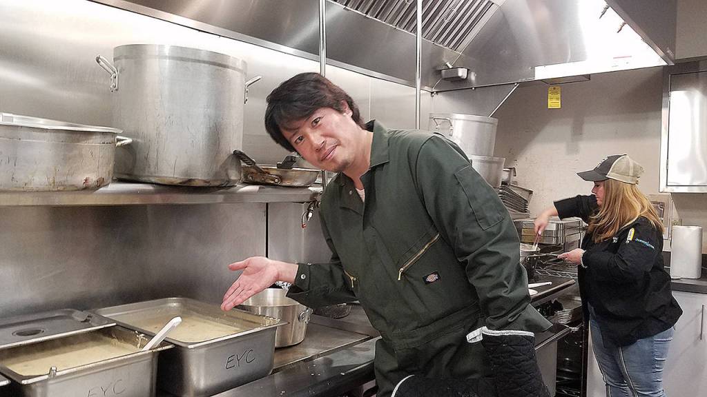 Japanese chef Yuji Kurokawa had to adapt his chowder recipe with ingredients he could find locally for the Edmonds competition. (Sharon Salyer / The Herald)