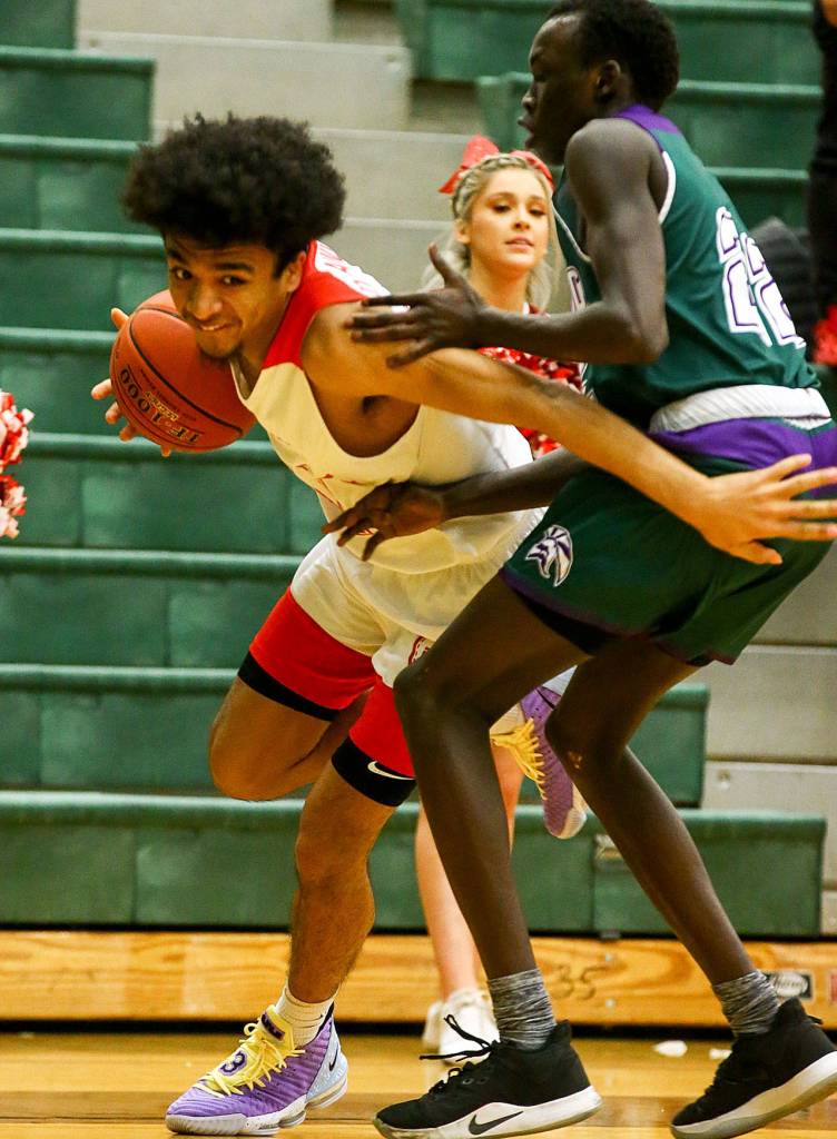 Marysville Pilchuck defeated Edmonds-Woodway Wednesday evening to advance at Jackson High School in Mill Creek on February 19, 2020. (Kevin Clark / The Herald)