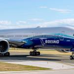 A Boeing 777X taxies on a runway during testing earlier this year. (Boeing Co.)