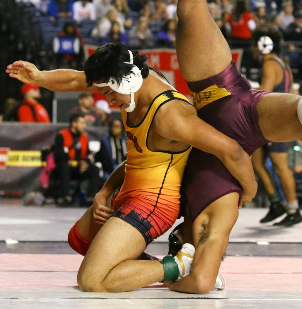 Marysville Pilchuck&rsquo;s Mauro Bejar wrestles O&rsquo;Dea&rsquo;s Dayne Camacho on Day 1 of Mat Classic XXXII Friday at the Tacoma Dome. (Kevin Clark / The Herald)
