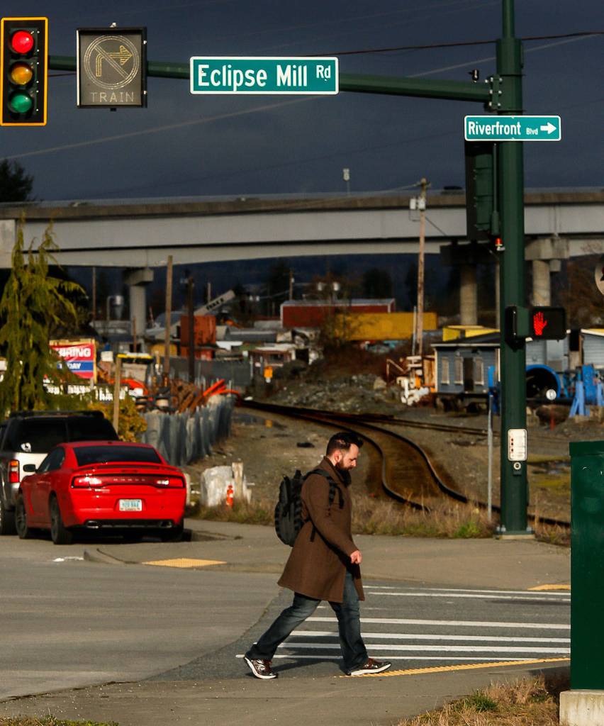 A street sign near the Highway 2 trestle is a reminder of the Eclipse Mill, a lumber operation along the Snohomish River that burned down in 1962. (Dan Bates / The Herald)