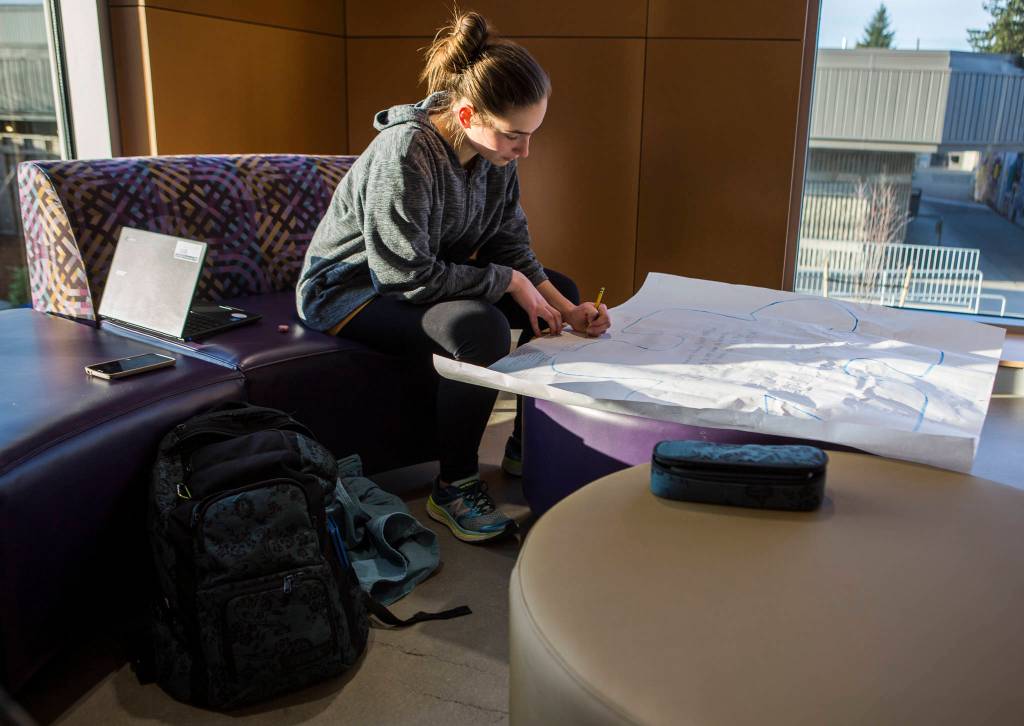 Julia Cohen, a junior at Lake Stevens High School, works on homework in one of the dozens of new alcoves with couches and tables for students to work or lounge. (Olivia Vanni / The Herald)