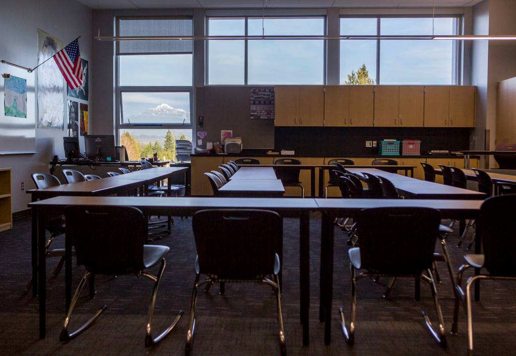 The Cascade Range is visible from one of the new classrooms at Lake Stevens High School on Thursday. (Olivia Vanni / The Herald)