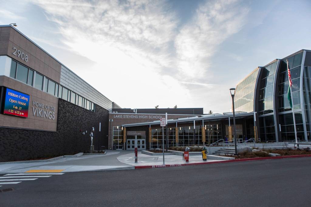 Outside of the updated building at Lake Stevens High School on Thursday. (Olivia Vanni / The Herald)