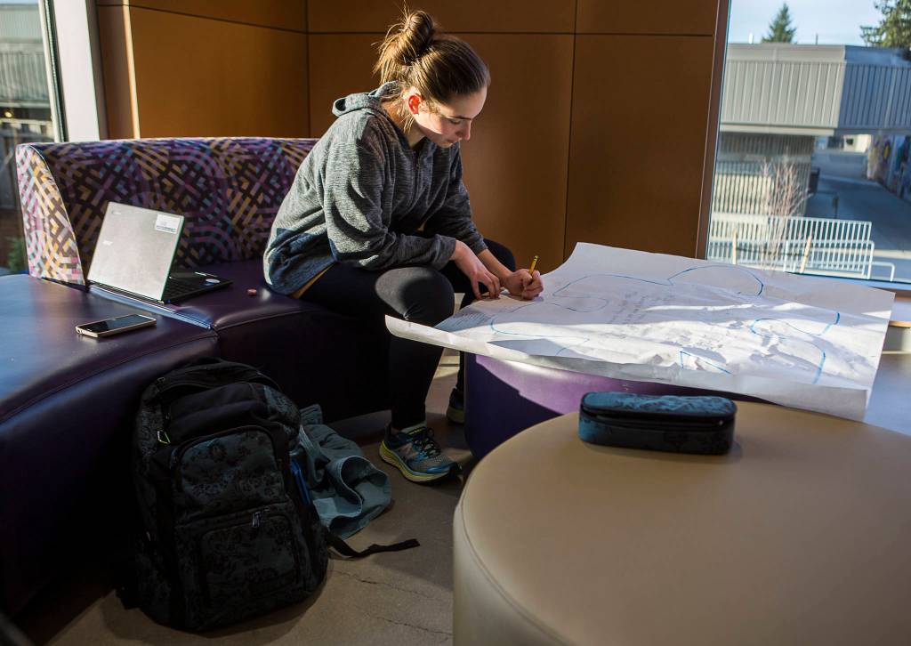 Julia Cohen, a junior at Lake Stevens High School, works on homework in one of the dozens of new alcoves with couches and tables for students to work or lounge. (Olivia Vanni / The Herald)
