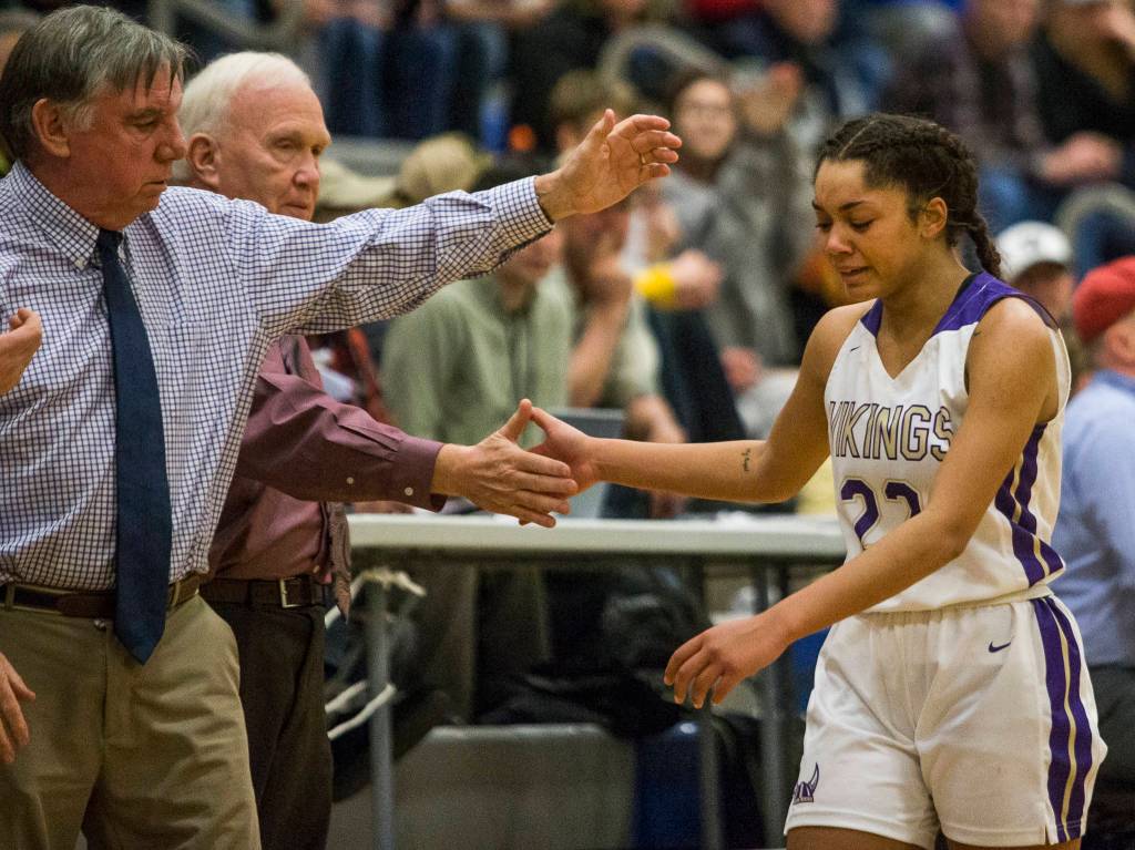 Lake Stevens Raigan Reed begins to cry after fouling out of the game against Camas on Saturday, Feb. 29, 2020 in Shoreline, Wa. (Olivia Vanni / The Herald)