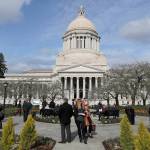 The Legislative Building stands out against a blue sky Monday at the Capitol in Olympia. (AP Photo/Ted S. Warren)