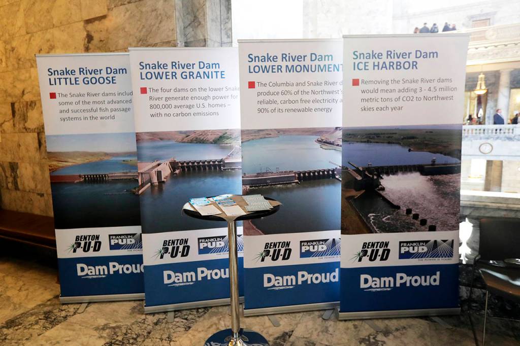 Informational signs promoting dams on the Snake River are displayed during a lobby day at the Capitol in Olympia on Feb. 12. (AP Photo/Ted S. Warren)