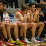 The Marysville Pilchuck bench watches nervously in overtime during the game against Kamiakan on Saturday, Feb. 29, 2020 in Shoreline, Wa. (Olivia Vanni / The Herald)