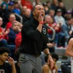 Marysville Pilchuck head coach Bary Gould yells out a play during the game against Kamiakan on Saturday, Feb. 29, 2020 in Shoreline, Wa. (Olivia Vanni / The Herald)