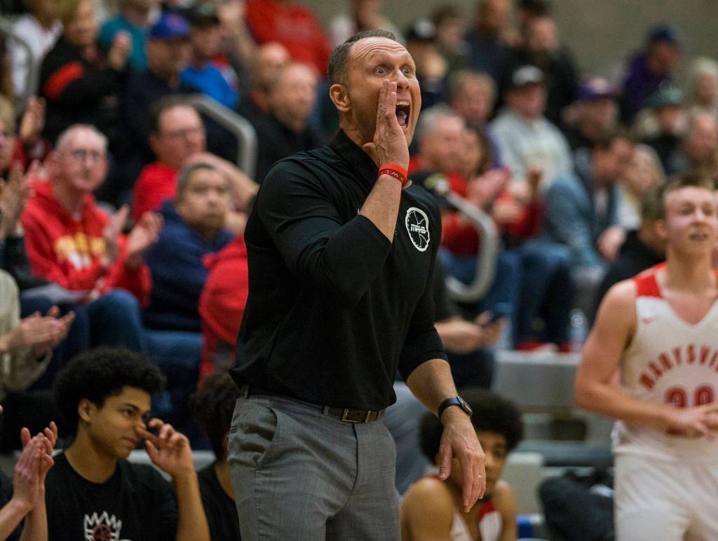 Marysville Pilchuck head coach Bary Gould yells out a play during the game against Kamiakan on Saturday, Feb. 29, 2020 in Shoreline, Wa. (Olivia Vanni / The Herald)