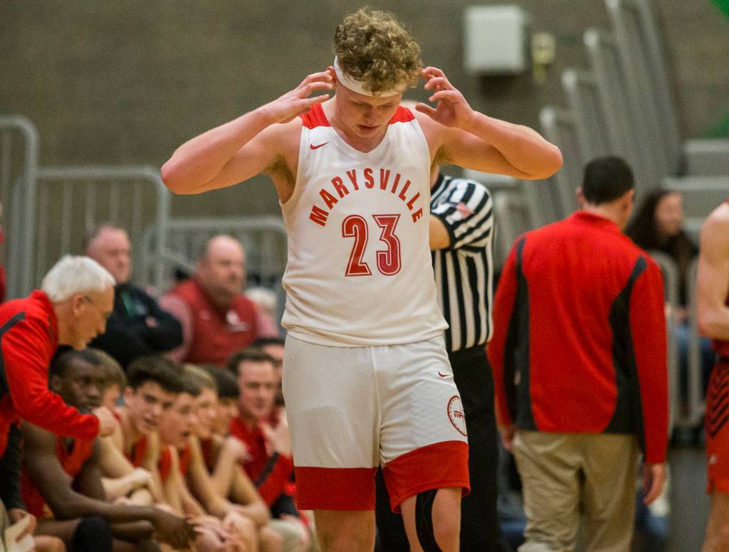 Marysville Pilchucks Cameron Stordahl becomes emotional during overtime during the game against Kamiakan on Saturday, Feb. 29, 2020 in Shoreline, Wa. (Olivia Vanni / The Herald)