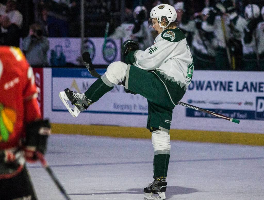 Silvertips Kasper Puutio celebrates after scoring during the game against the Portland Winterhawks on Sunday, March 1, 2020 in Everett, Wa. (Olivia Vanni / The Herald)