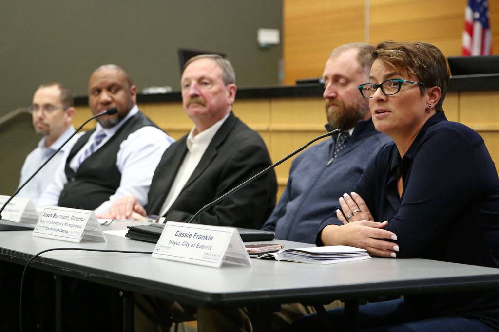 Everett Mayor Cassie Franklin makes her address Monday evening during a special meeting of the Snohomish Health District Board of Health at the Administration Builiding in Everett. (Kevin Clark / The Herald)