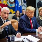 Vice President Mike Pence with President Trump and White House coronavirus response coordinator Dr. Deborah Birx, speaks during a coronavirus briefing with airline CEOs in the Roosevelt Room of the White House, March 4, in Washington, D.C. (Manuel Balce Ceneta / Associated Press)
