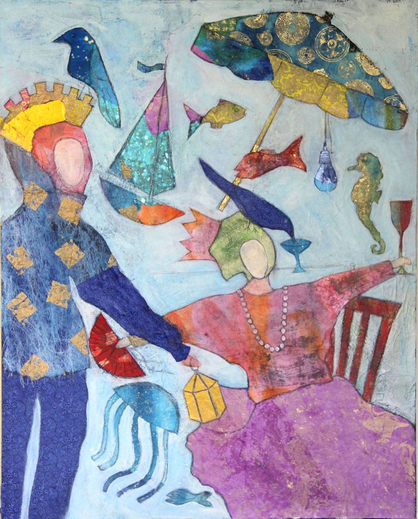 Judith Heims acrylic and collage painting, Fox and Hare, will be among several whimsical artworks at the show.