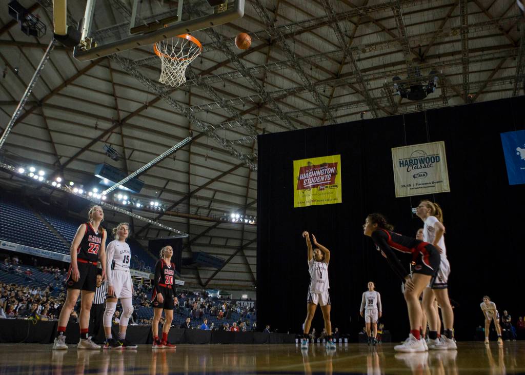 Glacier Peaks Aaliyah Collins makes a free throw in the final seconds of the game against Camas at the Hardwood Classic on Wednesday, March 4, 2020 in Tacoma, Wa. (Olivia Vanni / The Herald)